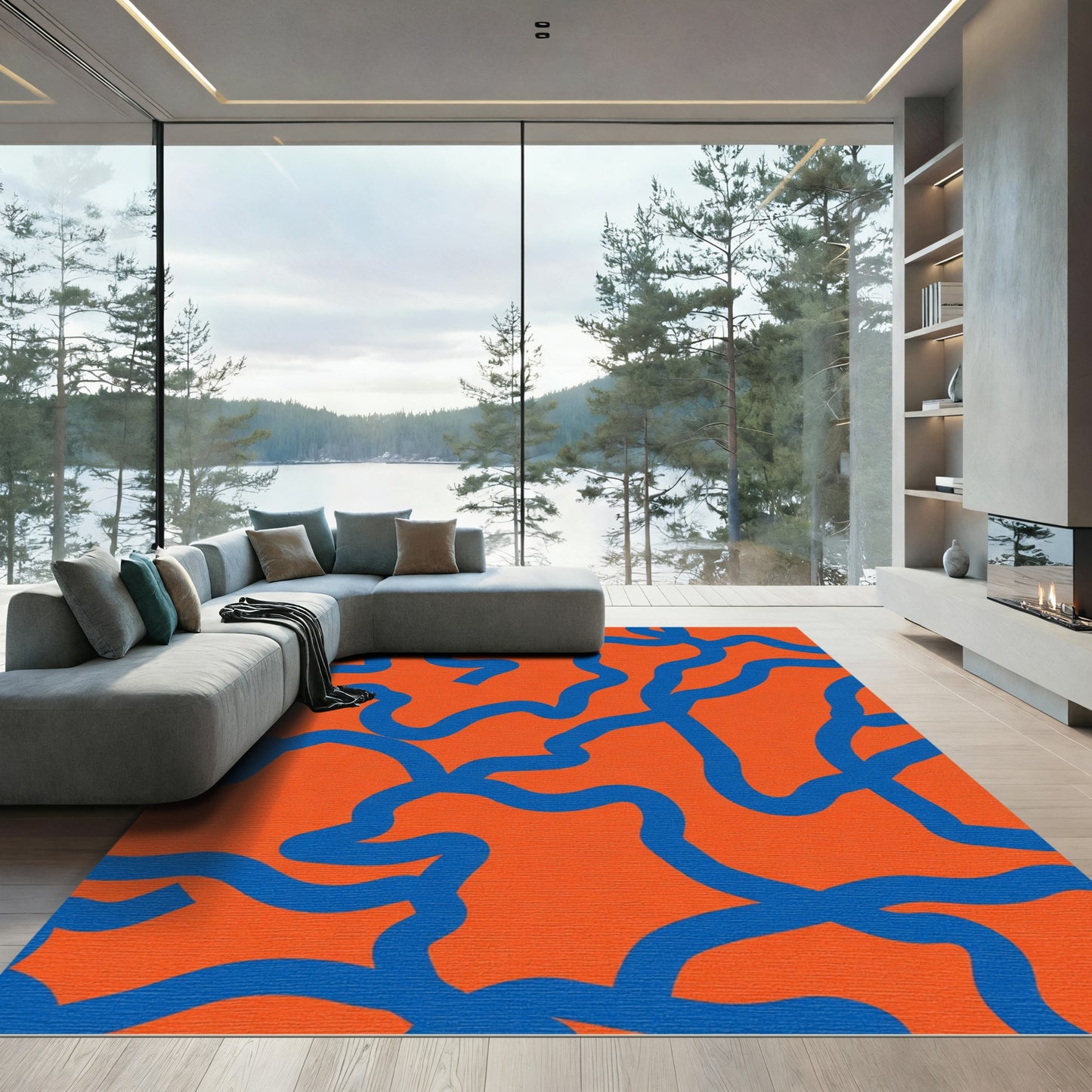 Orange Blue Wavy Line Connection Rug