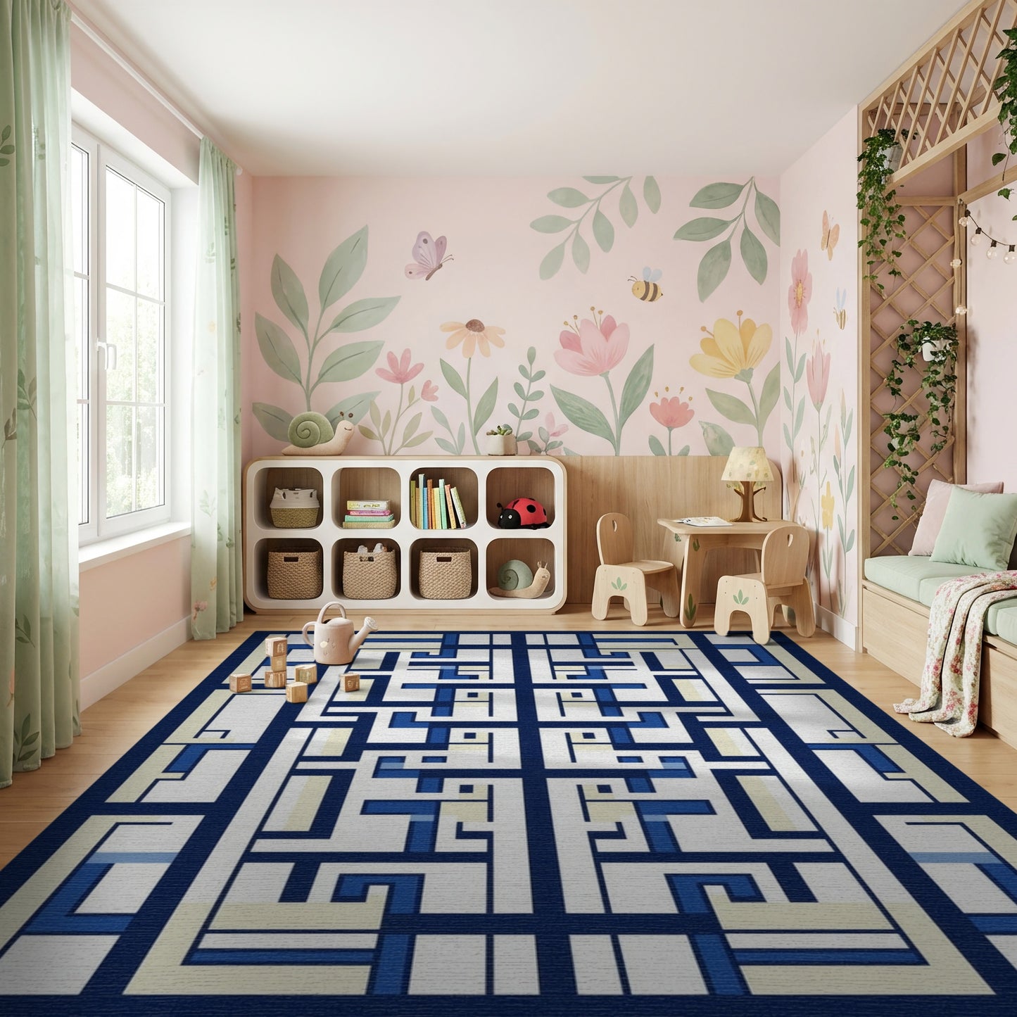 Modern Navy and Cream Lattice Rug