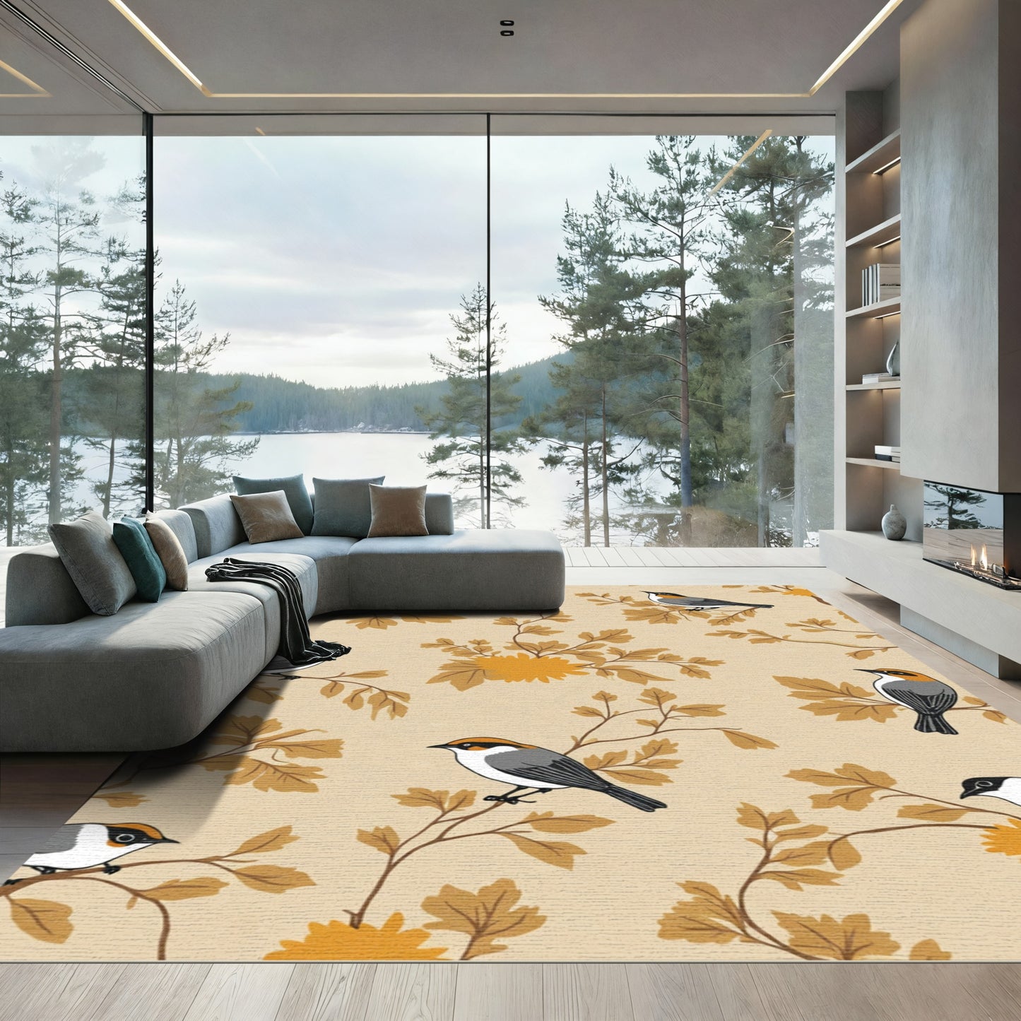 Amber Birds on Golden Branches Rug