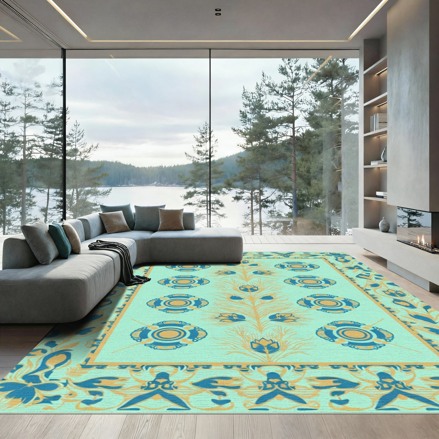 Aqua Blue Yellow Ornamental Blossom Rug