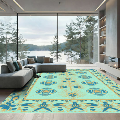 Aqua Blue Yellow Ornamental Blossom Rug