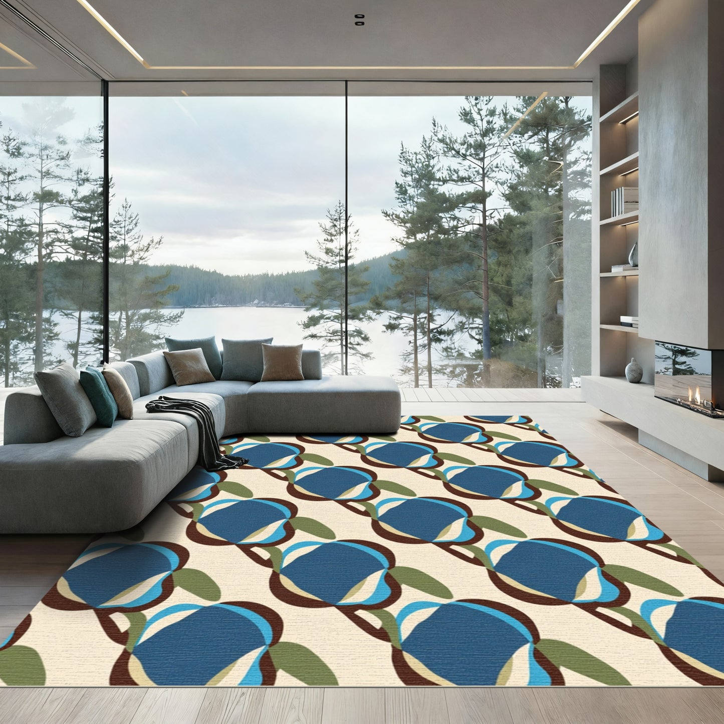 Retro Blue Floral Medallion Cream Rug