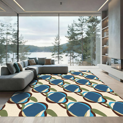 Retro Blue Floral Medallion Cream Rug