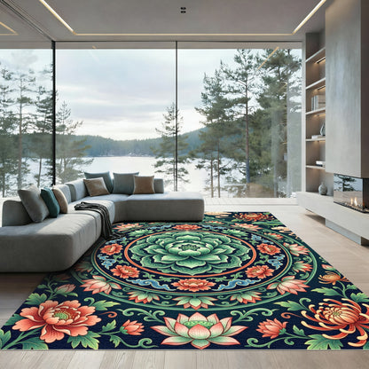 Ethereal Jade Lotus Floral Medallion Rug