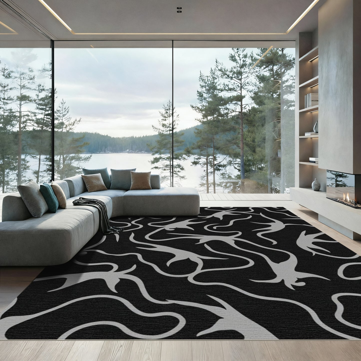 Silver Black Organic Swirl Rug