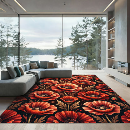 Vibrant Scarlet Poppy Floral Arrangement Rug