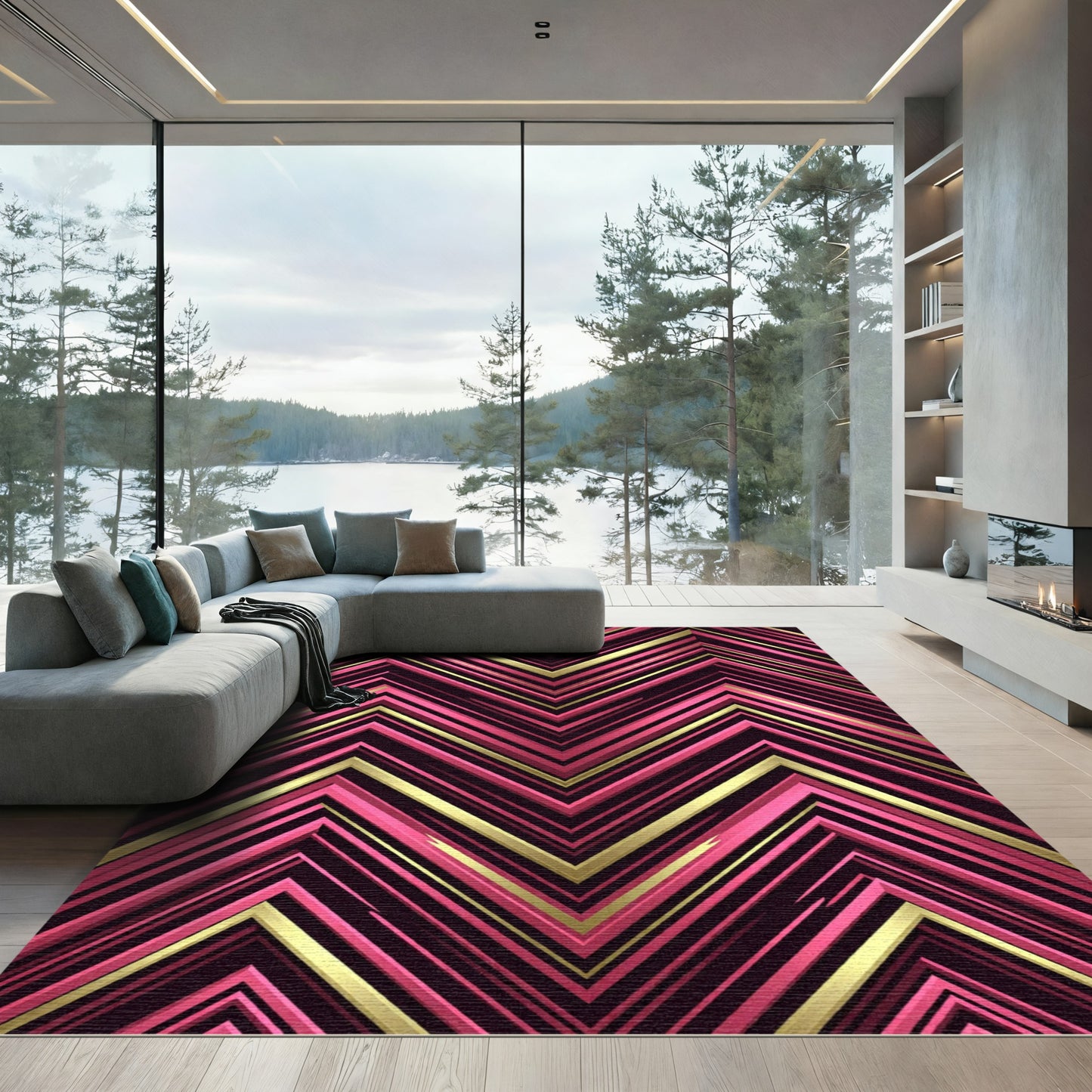 Modern Pink and Gold Zigzag Chevron Rug