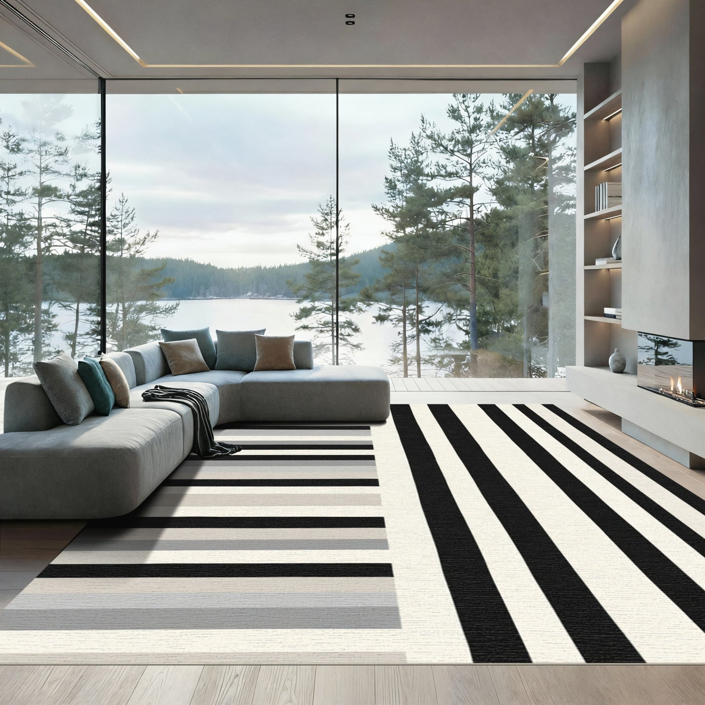 Black White Horizontal Vertical Stripe Rug