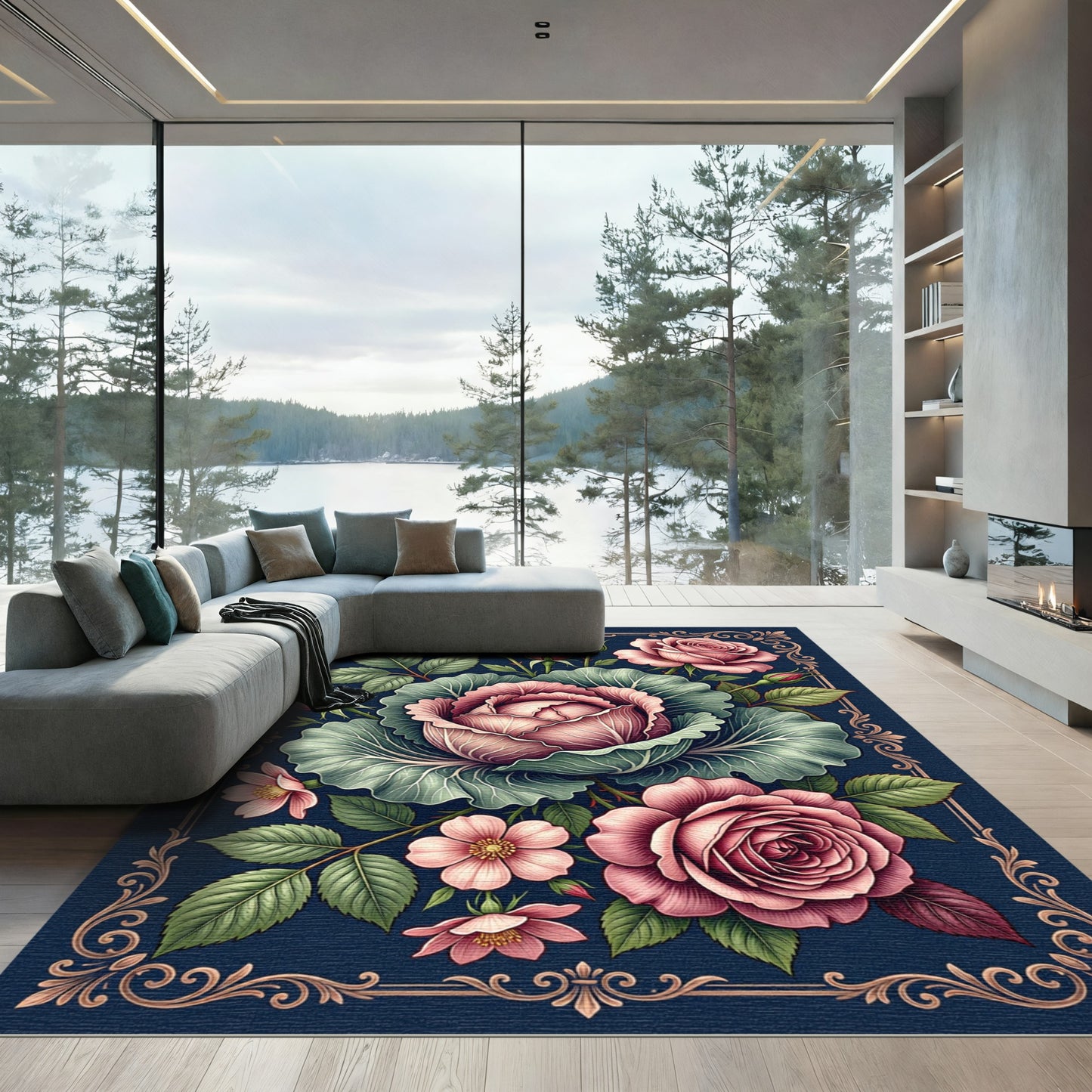 Romantic Blush Rose and Cabbage Bouquet Rug