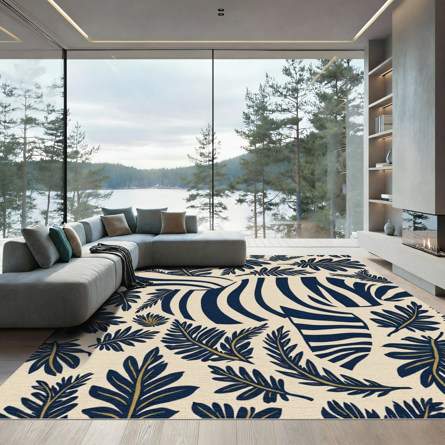 Navy Zebra Cream Tropical Foliage Rug