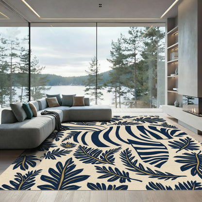 Navy Zebra Cream Tropical Foliage Rug