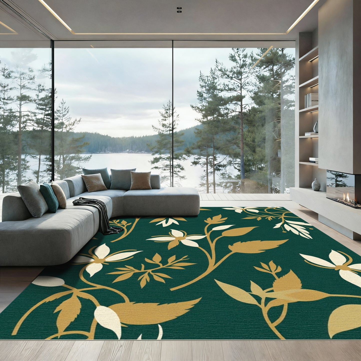 Emerald Green Botanical Silhouette Floral Rug