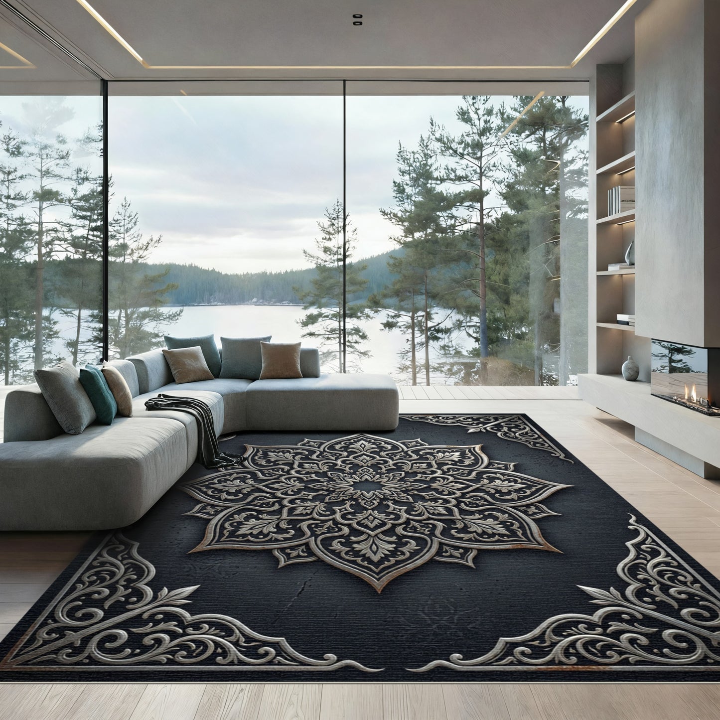 Intricate Silver Floral Ornament Rug