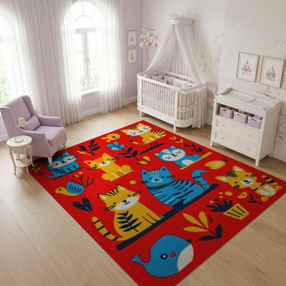 Whimsical Colorful Cats Botanical Rug