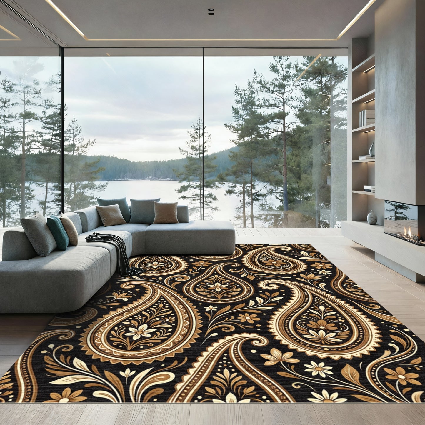 Elegant Black and Gold Paisley Scroll Rug