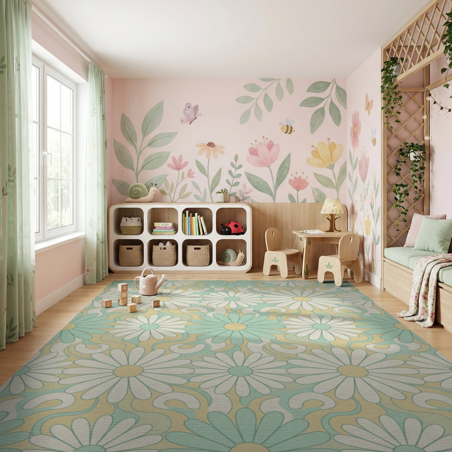 Teal White Daisy Swirl Rug