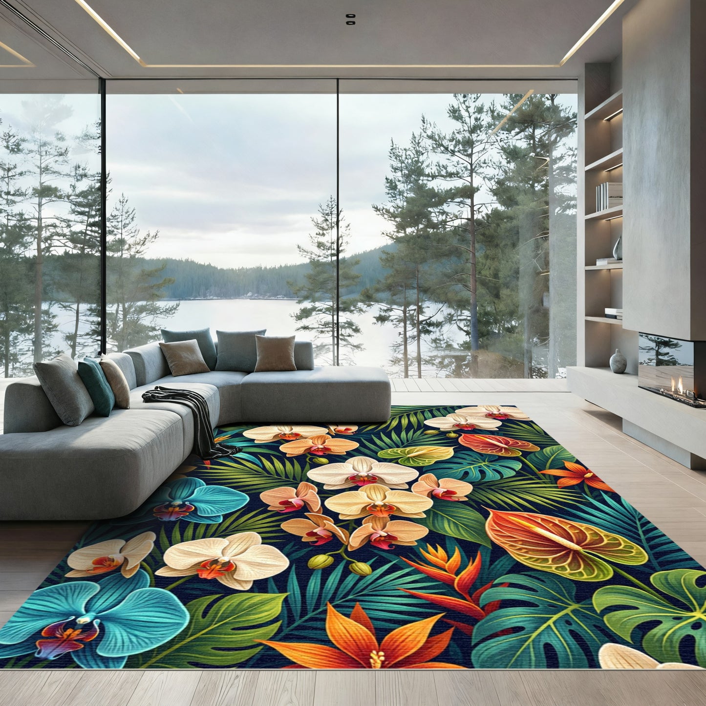 Vibrant Tropical Orchid Leaf Composition Rug