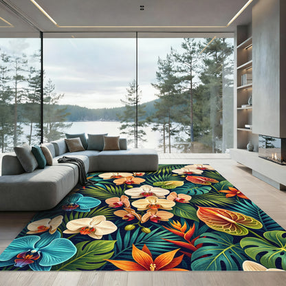Vibrant Tropical Orchid Leaf Composition Rug