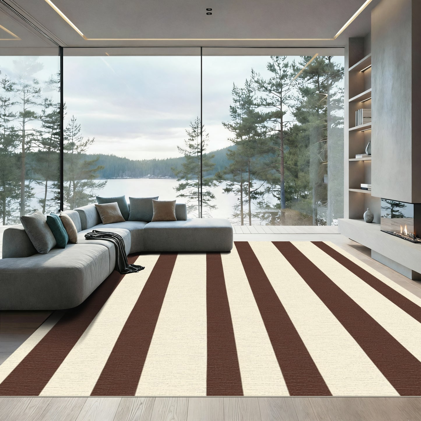 Classic Cream Brown Vertical Stripes Rug