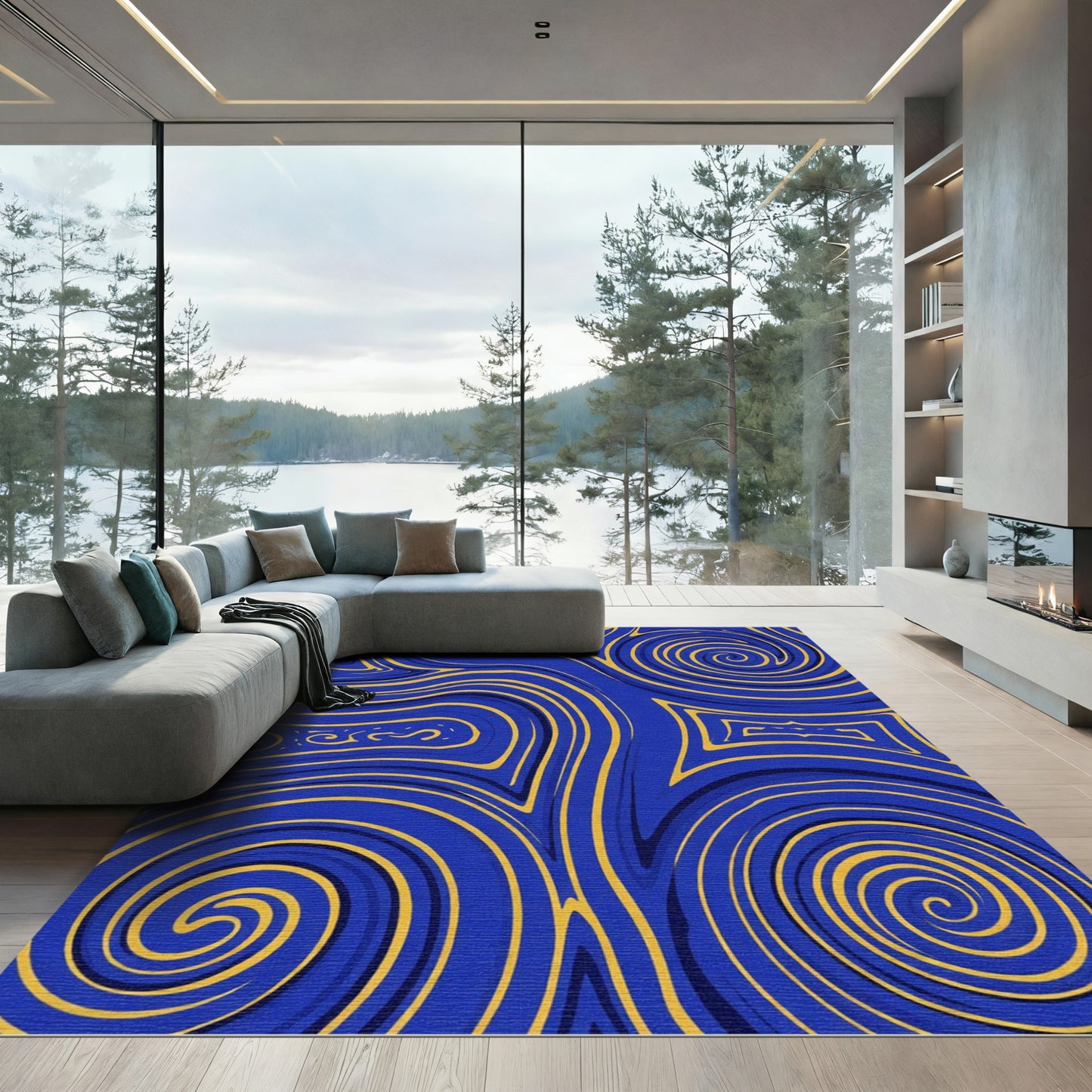 Vibrant Blue Gold Swirl Abstraction Rug