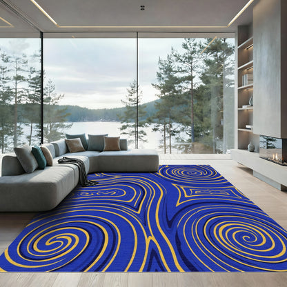 Vibrant Blue Gold Swirl Abstraction Rug