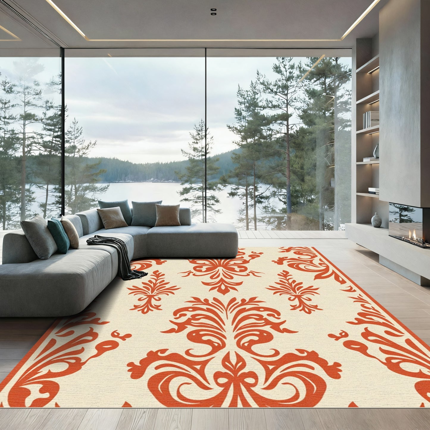 Burnt Orange Floral Scroll Damask Rug