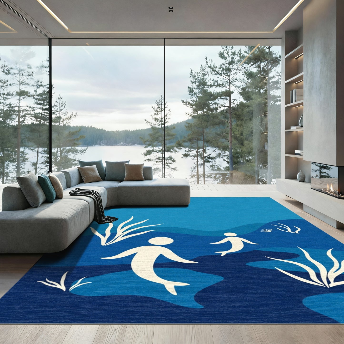 Blue Underwater Scene Mermaid Folk Art Rug