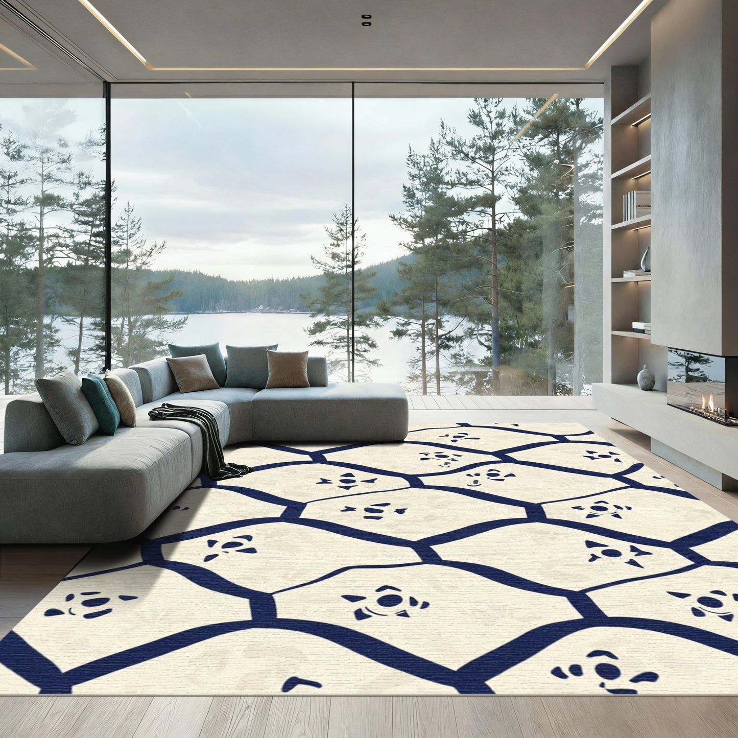 Cream Navy Abstract Lattice Floral Rug