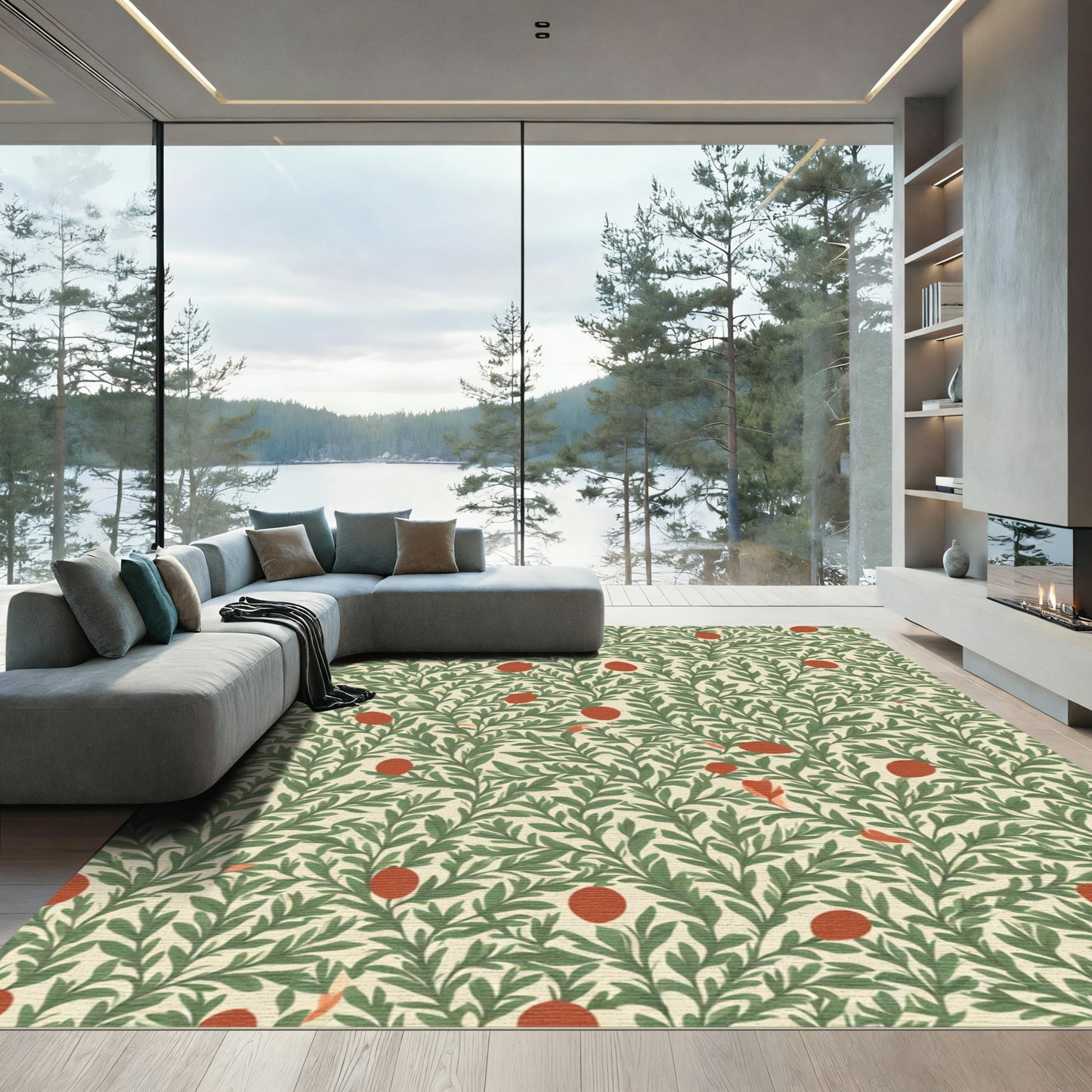 Green Leafy Vines With Red Berries Rug