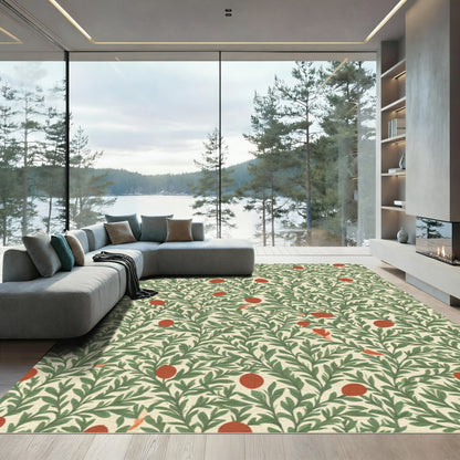 Green Leafy Vines With Red Berries Rug