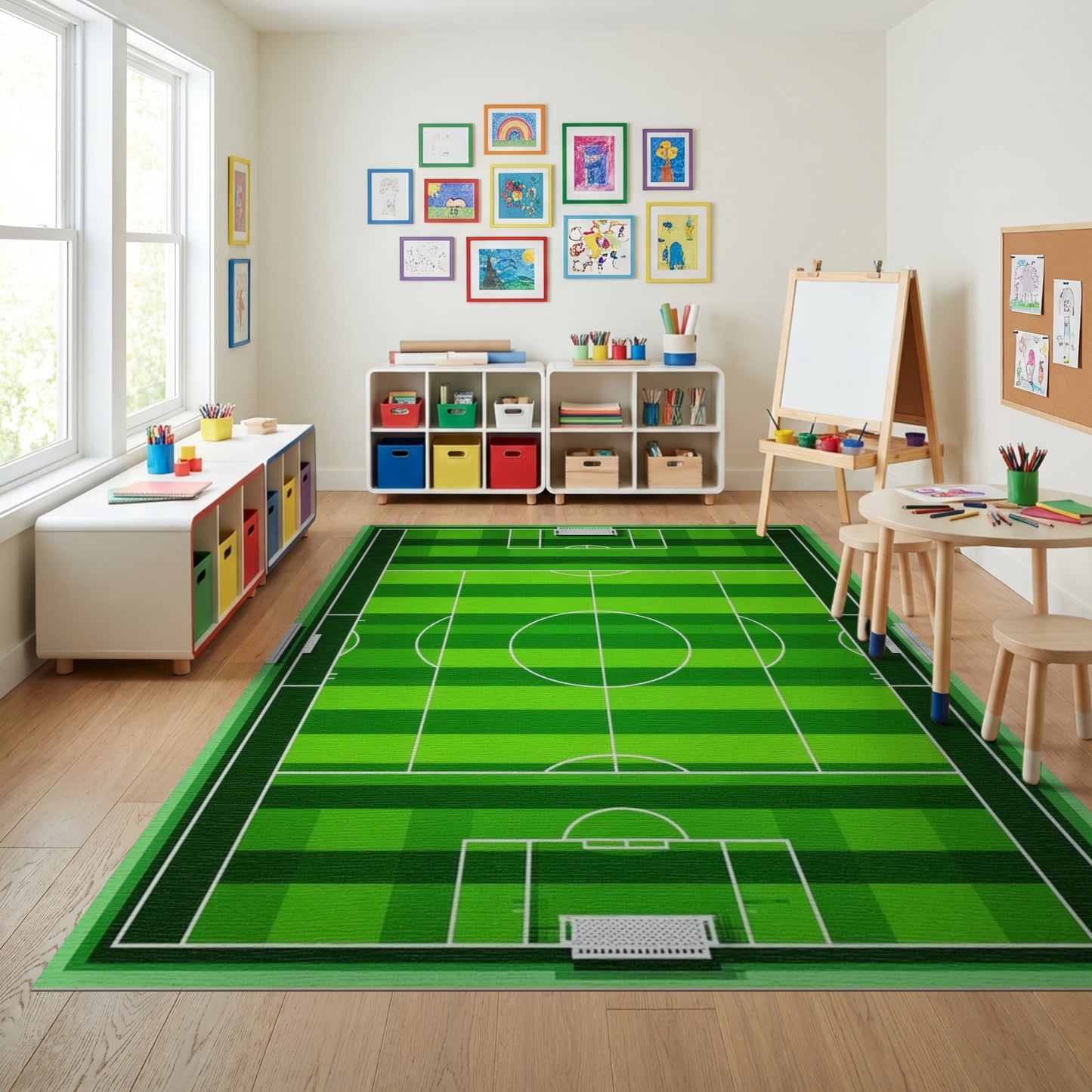 Bold Green Soccer Field Lines Rug