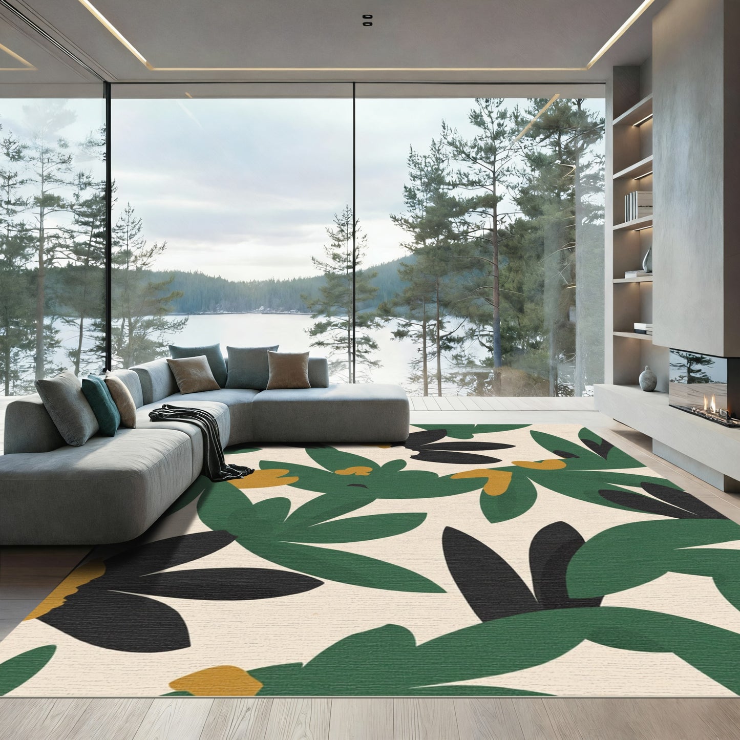 Green Black Ochre Abstract Botanical Rug