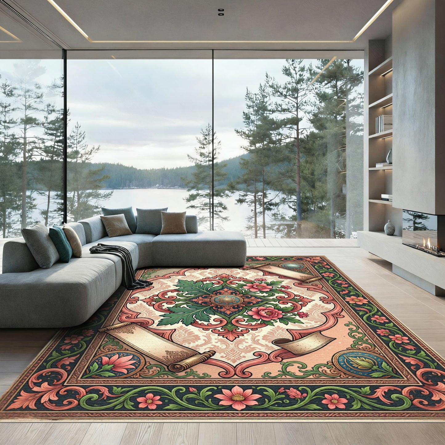 Ornate Vintage Floral Scroll Medallion Art Rug
