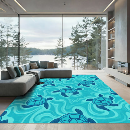 Coastal Blue Sea Turtle Waves Rug