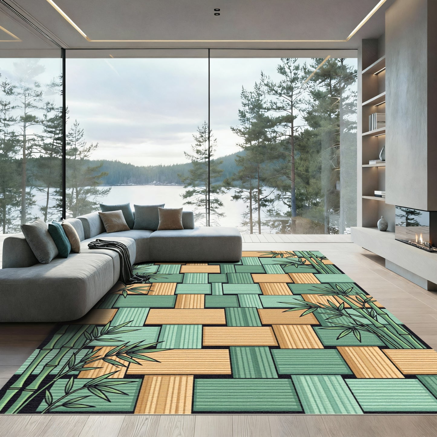 Woven Sage Bamboo Greenery Layered Plank Rug