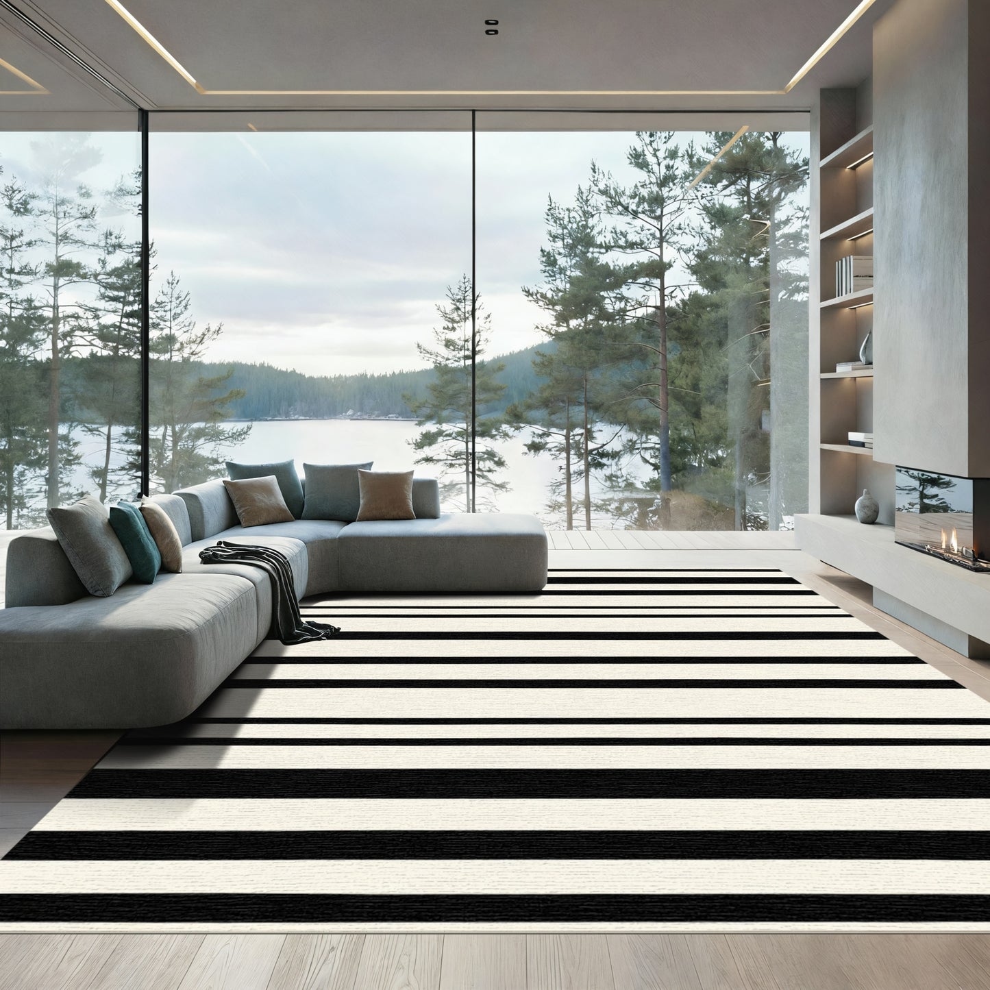 Modern Cream and Black Stripe Rug