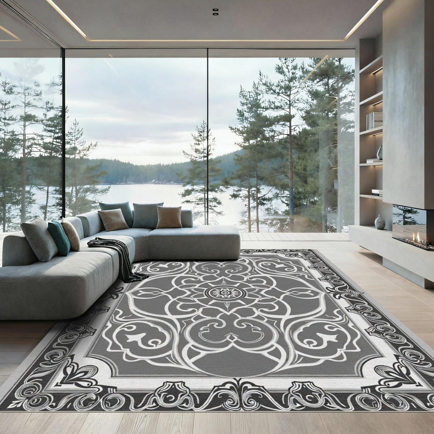 Gray Monochromatic Scrollwork Mandala Rug