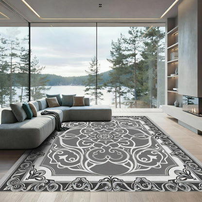 Gray Monochromatic Scrollwork Mandala Rug