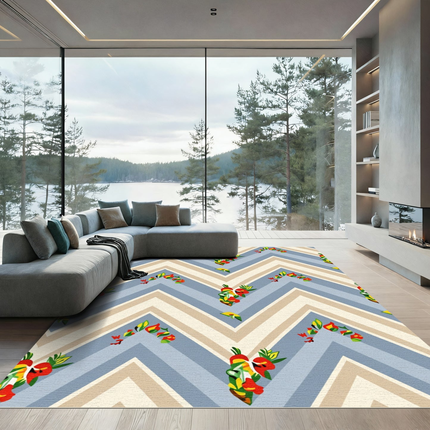 Blue Peach Floral Chevron Arrangement Rug