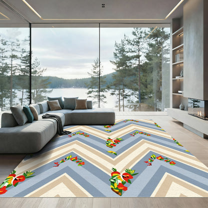 Blue Peach Floral Chevron Arrangement Rug