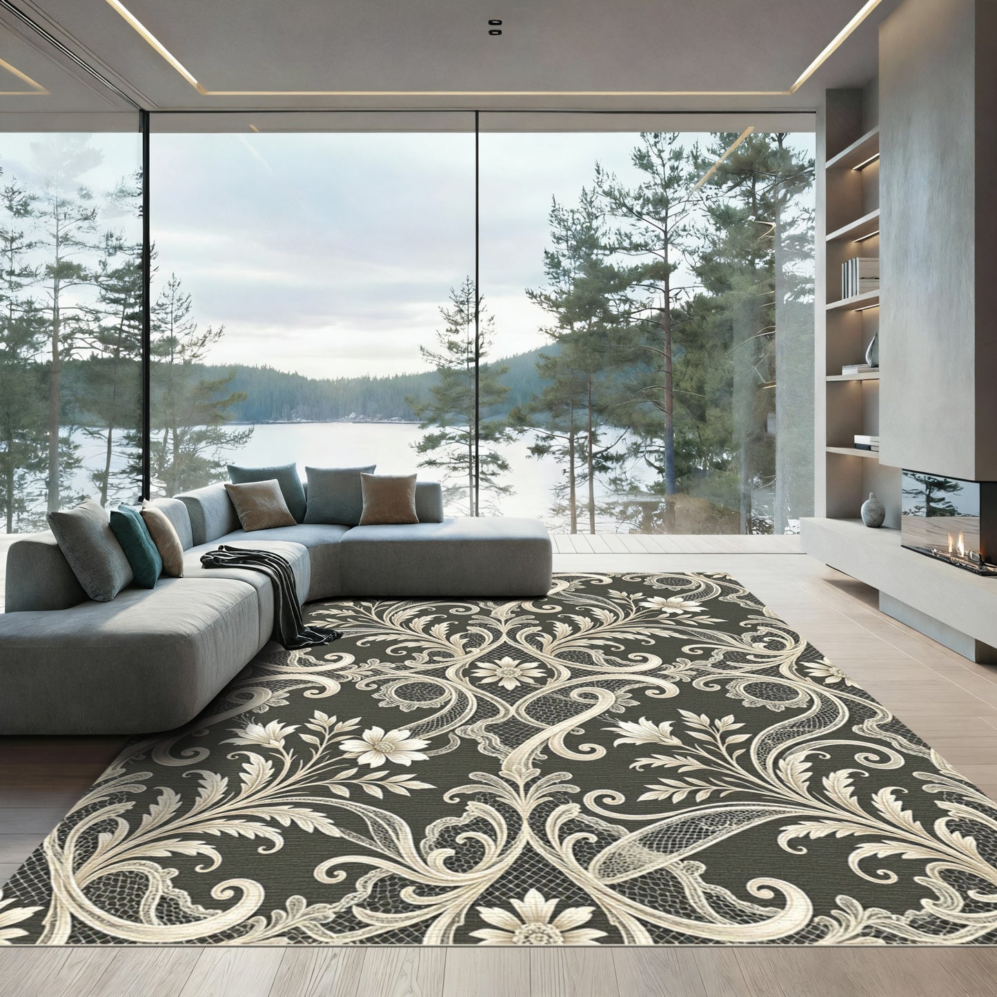 Cream Lace Scroll Floral Wallpaper Rug