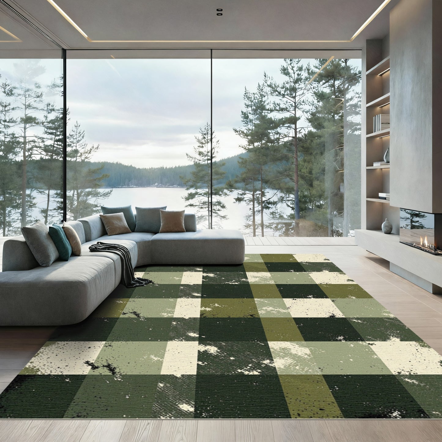 Distressed Camo Plaid Squares Rug