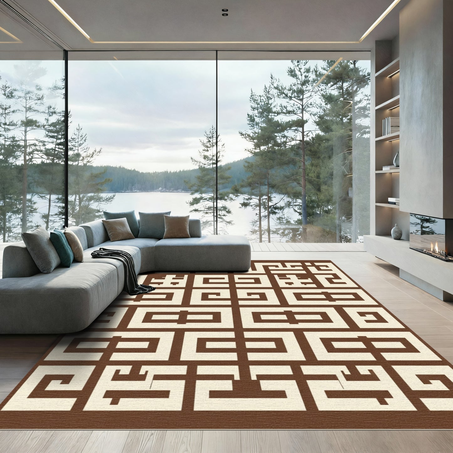 Brown Beige Geometric Labyrinth Medallion Rug