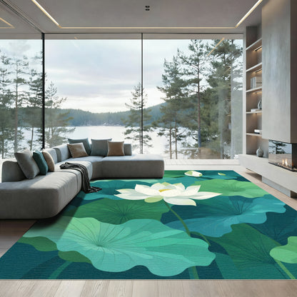 White Lotus Pond Serene Green Rug