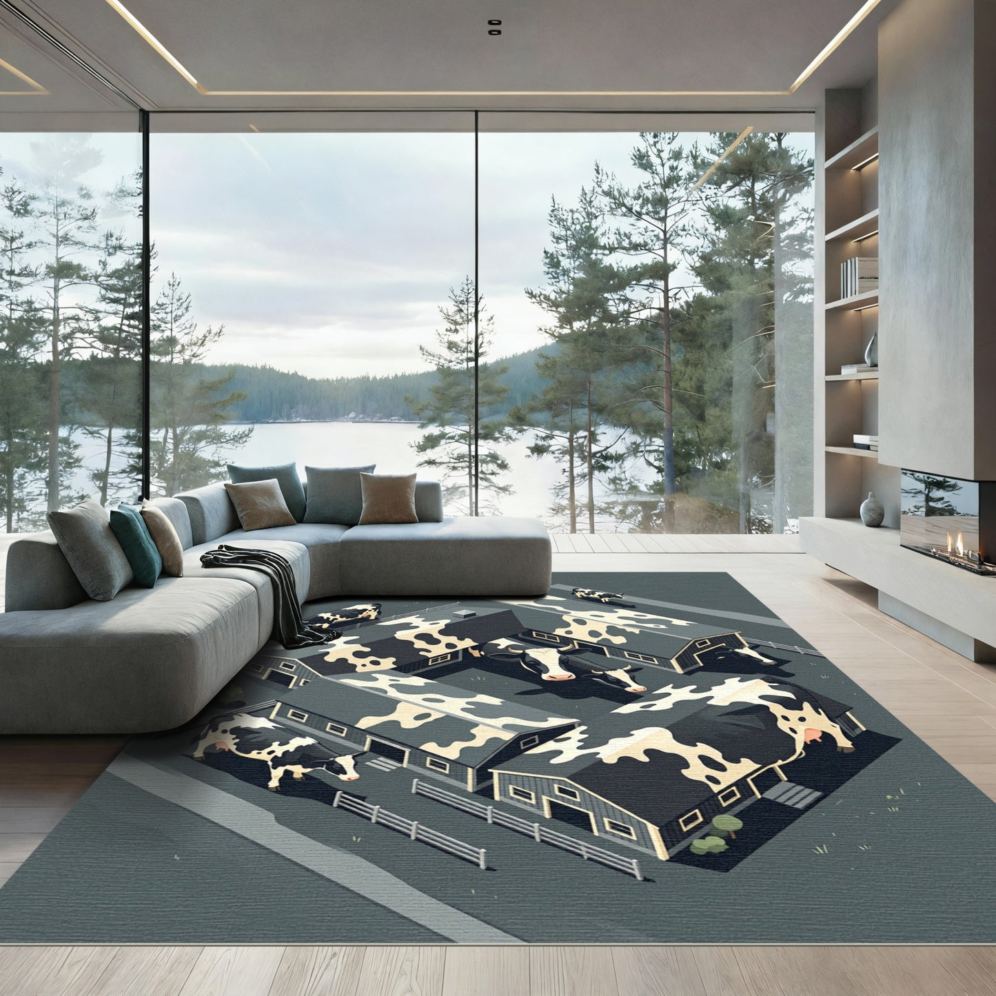 Abstract Monochrome Holstein Cow Farm Scene Rug