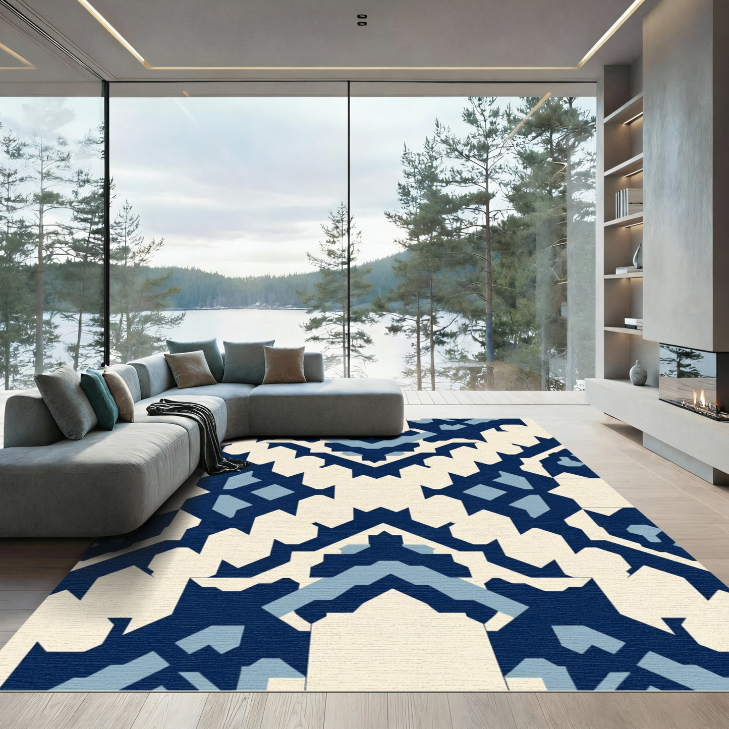 Navy Blue Geometric Arch Medallion Rug