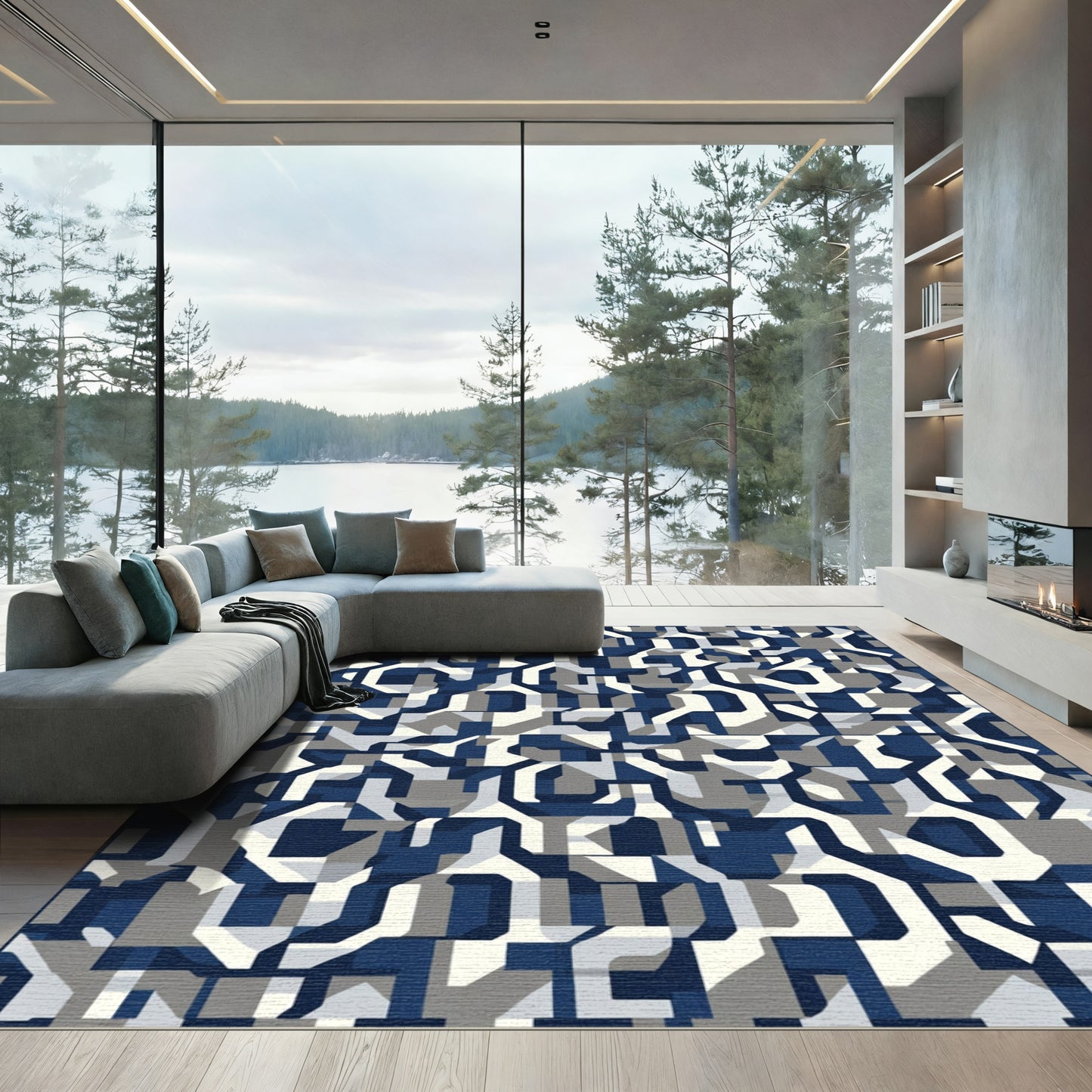 Abstract Blue Gray Geometric Interlocking Shapes Rug
