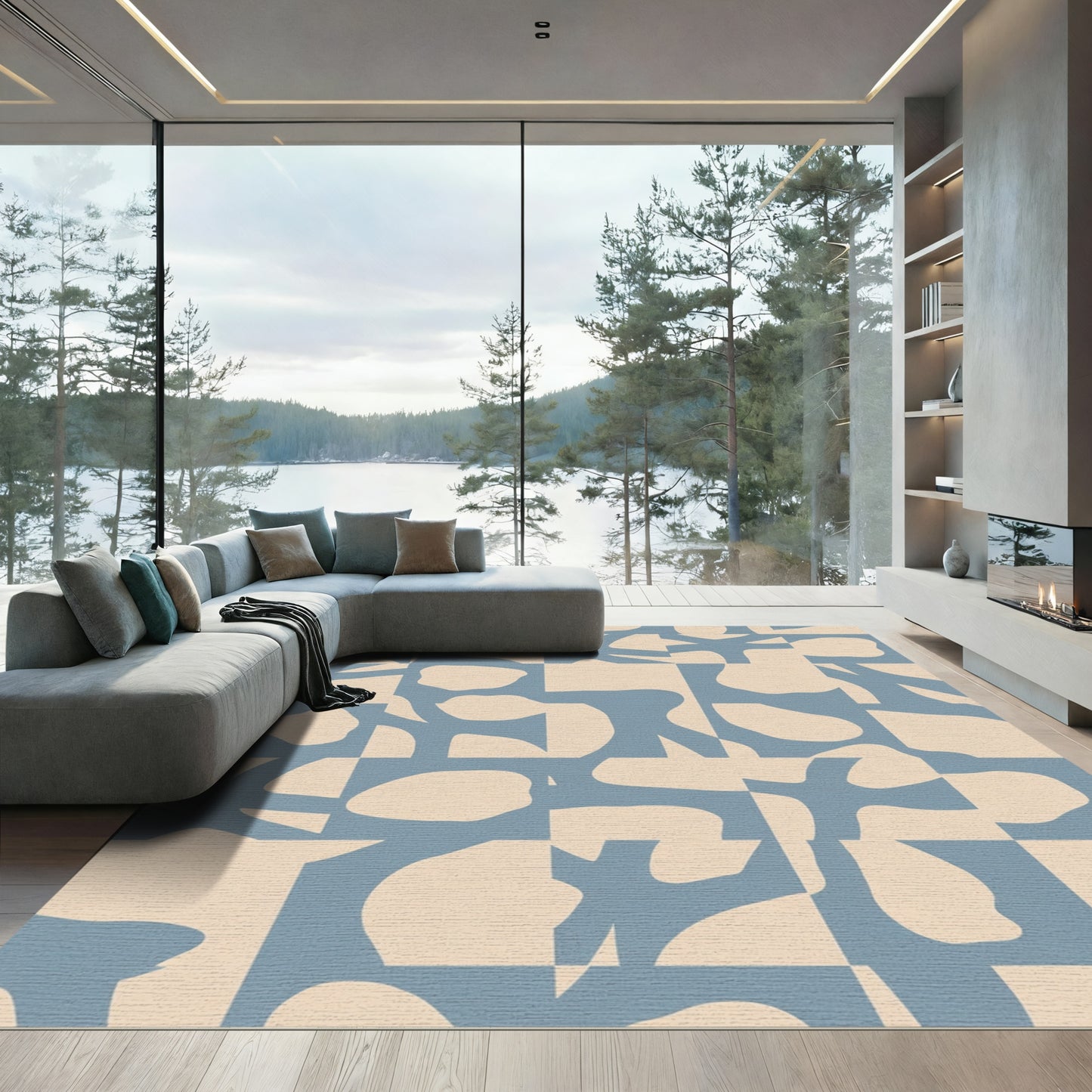 Abstract Blue Organic Shapes Rug