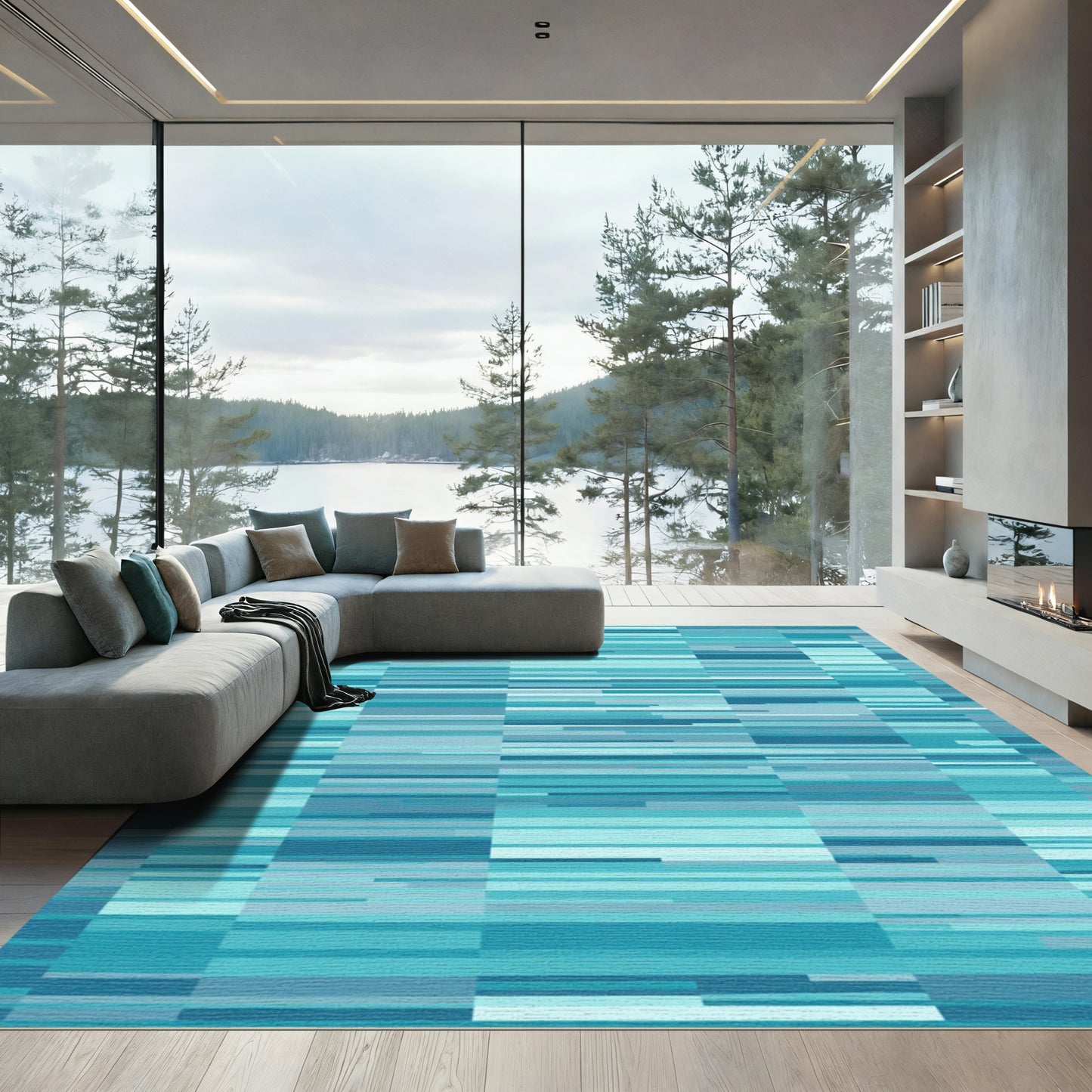 Oceanic Blue Horizontal Stripe Texture Rug