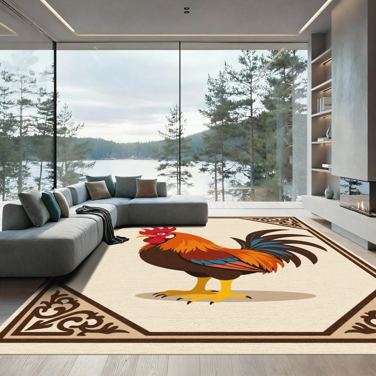 Vibrant Rooster In Filigree Frame Rug